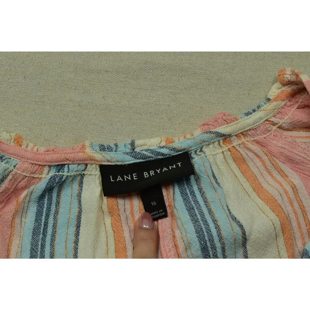 Lane Bryant Women's Size 16 Multi-Color Vertical Stripe Linen Blend Button Front